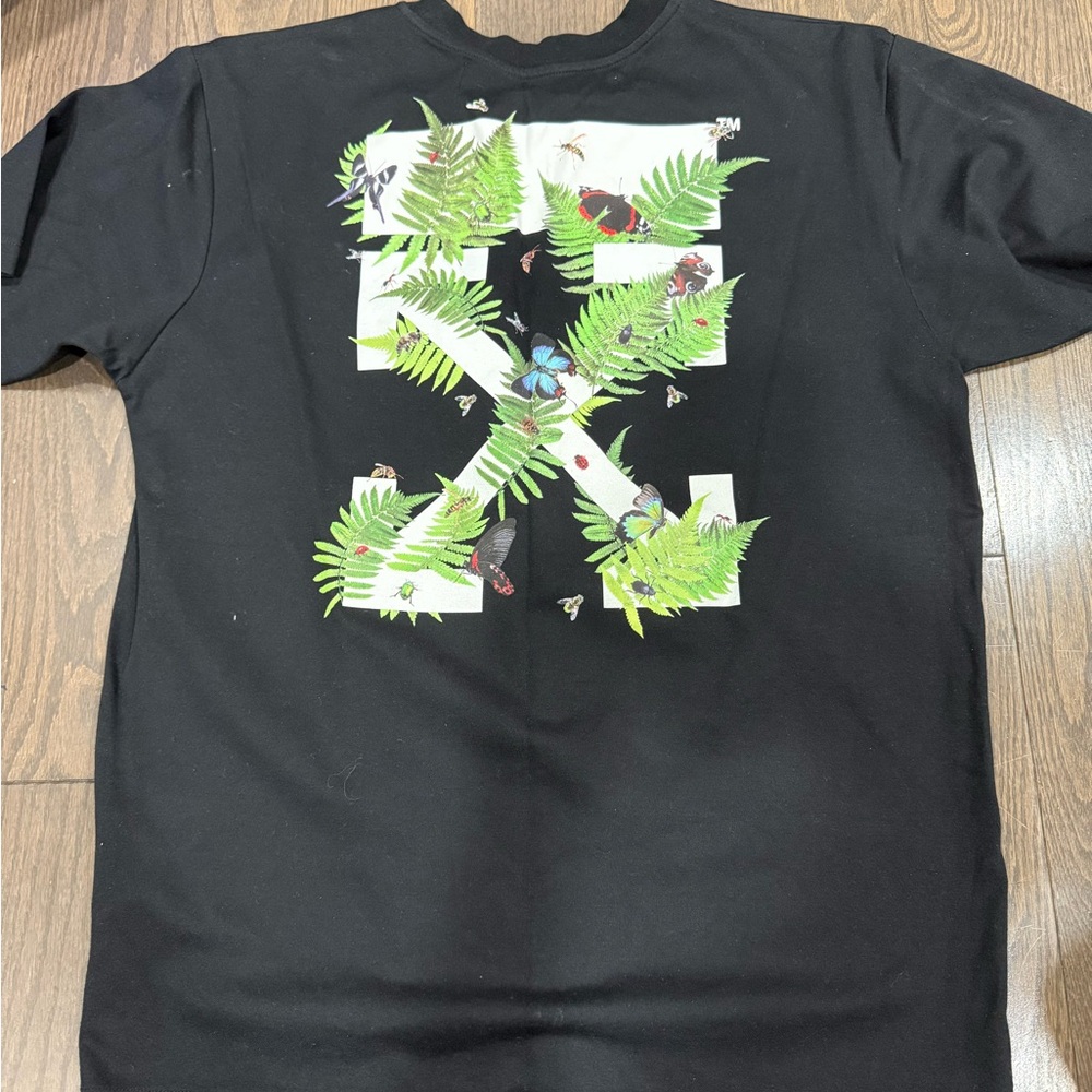 Off-White Black Tee with Green Leaf Design